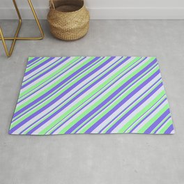 [ Thumbnail: Green, Medium Slate Blue, and Lavender Colored Lines Pattern Rug ]