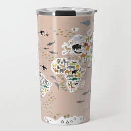 Cartoon world map for children, kids, Animals from all over the world, back to school, rosybrown Travel Mug