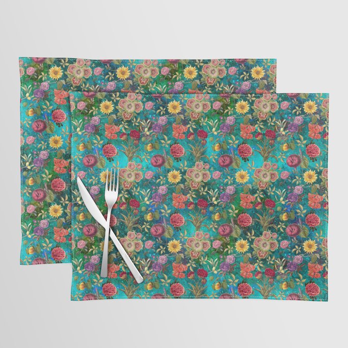 Vintage flowers and roses exotic summer garden, botanical pattern, floral illustration, turquoise  Placemat