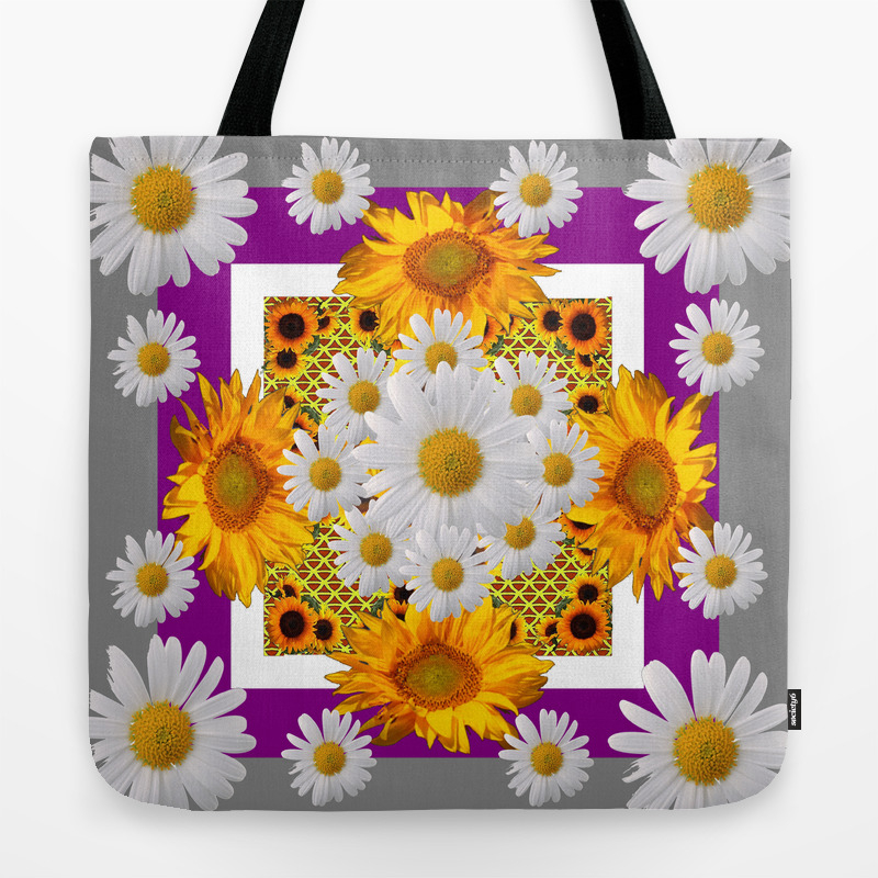 Grey White Daisies Floral Abstract Yellow Sunflowers Tote Bag By Sharlesart Society6