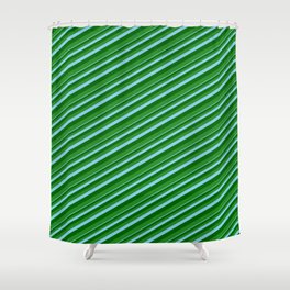 [ Thumbnail: Sky Blue, Dark Green, and Forest Green Colored Lined Pattern Shower Curtain ]
