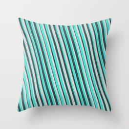 [ Thumbnail: Turquoise, Dark Slate Gray, and Light Gray Colored Pattern of Stripes Throw Pillow ]