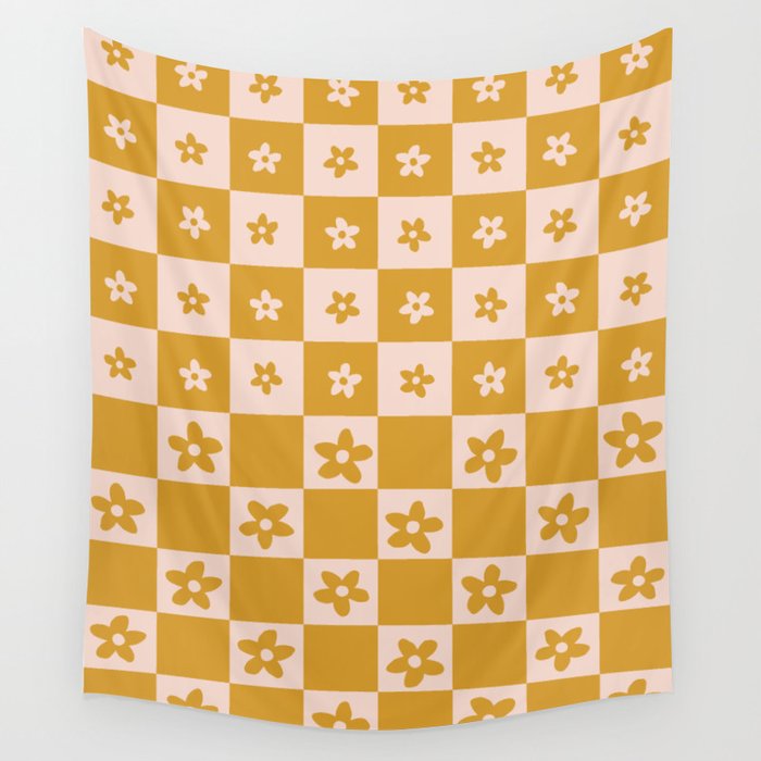 Abstract Floral Checker Pattern 18 in Retro Gold Pink Wall Tapestry