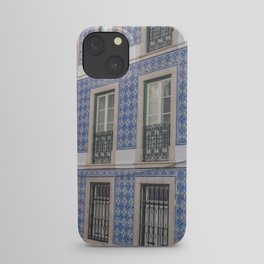 Blue azulejos on a corner building in Alfama, Lisbon, Portugal - street and travel photography iPhone Case
