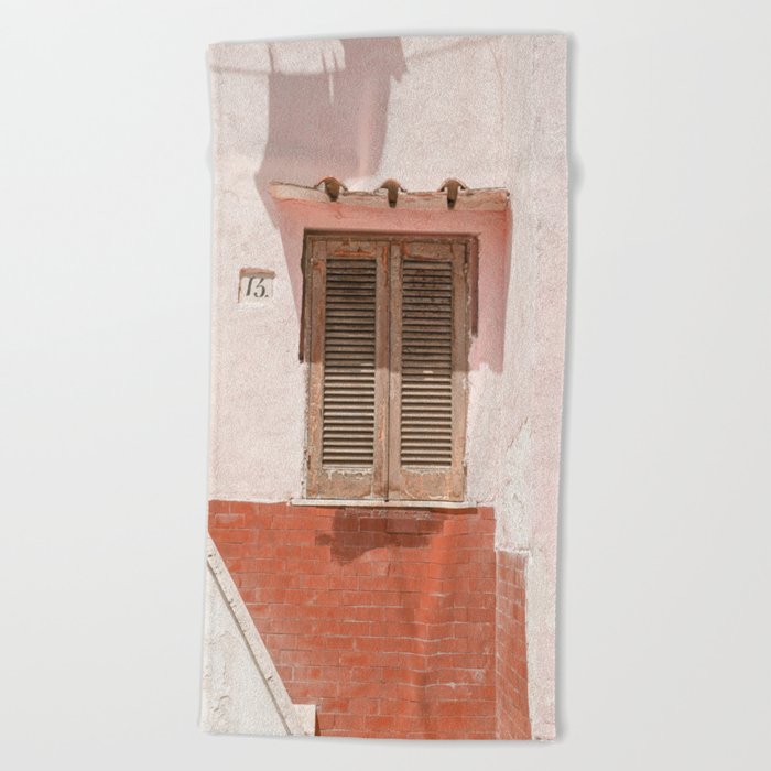 Italian Pink House | Wooden Window Shutters on Procida Island, Italy Art Print | Pastel Color Travel Photography Beach Towel