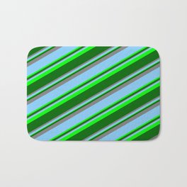 [ Thumbnail: Light Sky Blue, Lime, Dark Green & Grey Colored Striped Pattern Bath Mat ]