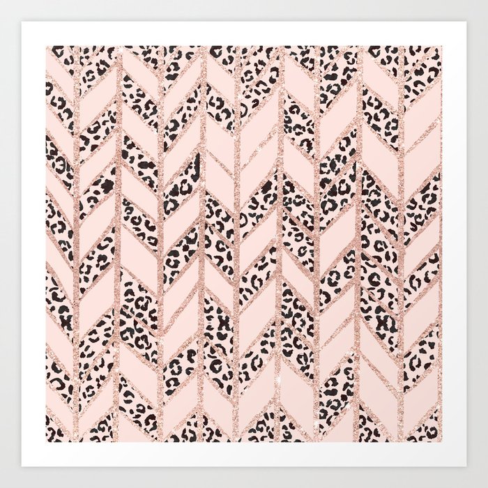 Rose Gold Glitter Chevron Herringbone Blush Pink Leopard Pattern Art Print By Girlytrend Society6