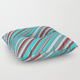 [ Thumbnail: Gray, Powder Blue, Red & Cyan Colored Stripes Pattern Floor Pillow ]