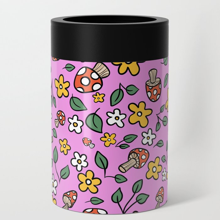 70s Retro Mushroom and Daisy Pattern Pink Can Cooler