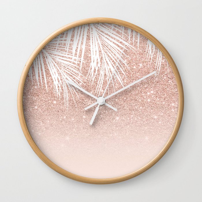 Modern tropical palm tree rose gold glitter ombre blush pink gradient Wall Clock