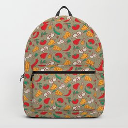 What's for dinner? (pattern on grey-green background) Backpack | Mushroomandchilli, Vegetablesoup, Cheeseandpepper, Eat, Greenandred, Orangepattern, Italiancuisine, Snack, Food, Cookingpasta 