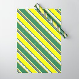 [ Thumbnail: Yellow, Gray, Sea Green, and Lavender Colored Striped Pattern Wrapping Paper ]