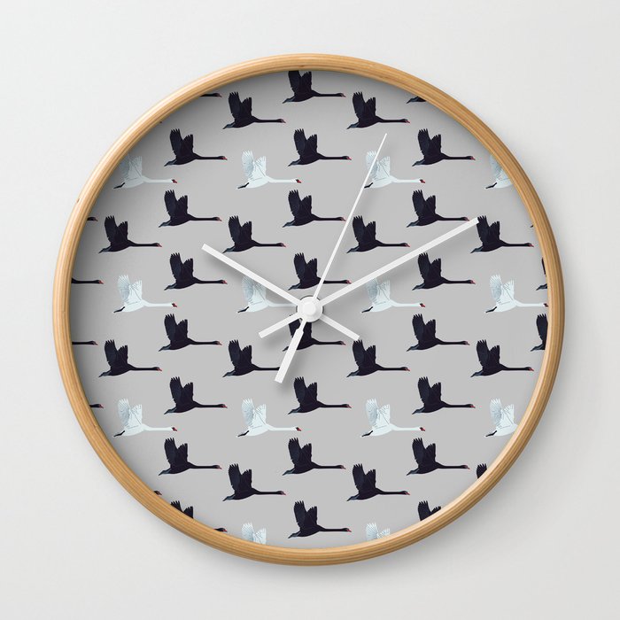 Flying Elegant Swan Pattern on Light Grey Background Wall Clock