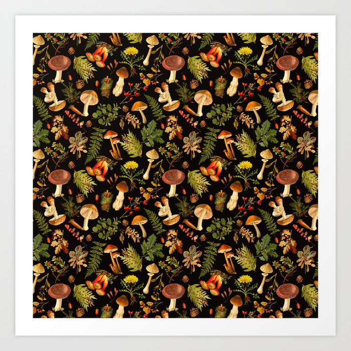 Vintage & Shabby Chic - Autumn Harvest Black Kunstdrucke | Gemälde, Muster, Aquarell, Pilz, Forest, Herbst, Natur, Vintage, Fungi, Black