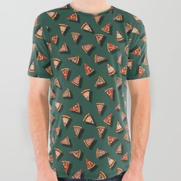 Pizza Party Pattern - Floating Pizza Slices on Teal All Over Graphic Tee