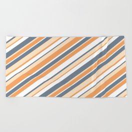 [ Thumbnail: Slate Gray, Bisque, Brown & White Colored Stripes/Lines Pattern Beach Towel ]