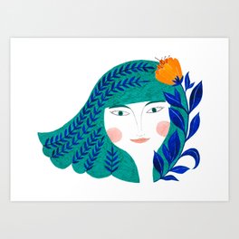 woman portrait with green hair, indigo plants and orange flower Art Print