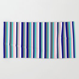 [ Thumbnail: Eye-catching Dark Blue, Dim Gray, Turquoise, Pink, and White Colored Lined/Striped Pattern Beach Towel ]
