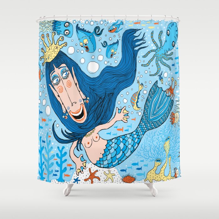 Quirky Mermaid With Sea Friends Blue Version Shower Curtain By