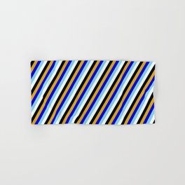 [ Thumbnail: Eyecatching Goldenrod, Blue, Sky Blue, Mint Cream, and Black Colored Stripes Pattern Hand & Bath Towel ]