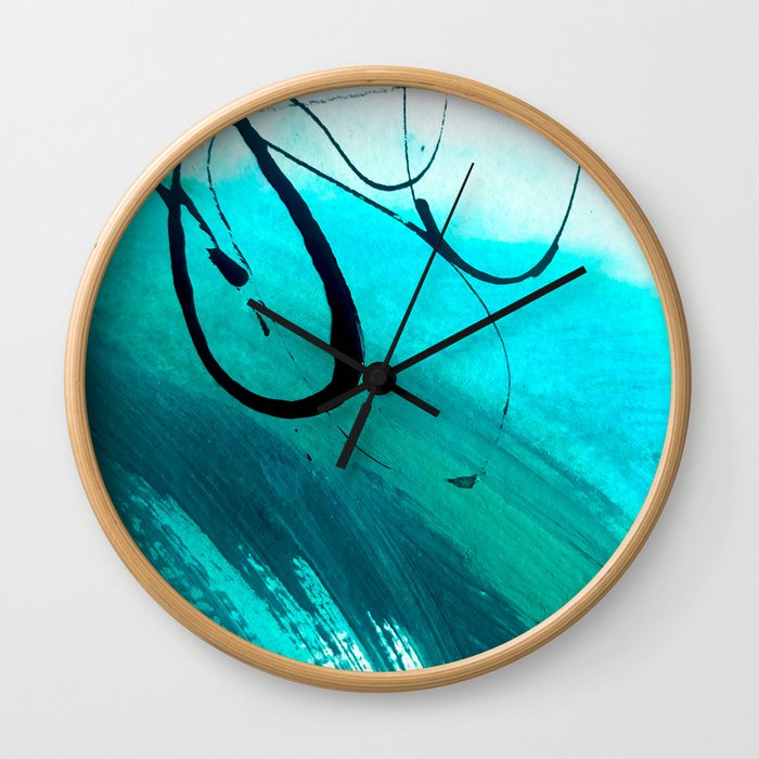 Moving On: an abstract mixed media piece in blue, greens, black and white by Alyssa Hamilton Art Wall Clock