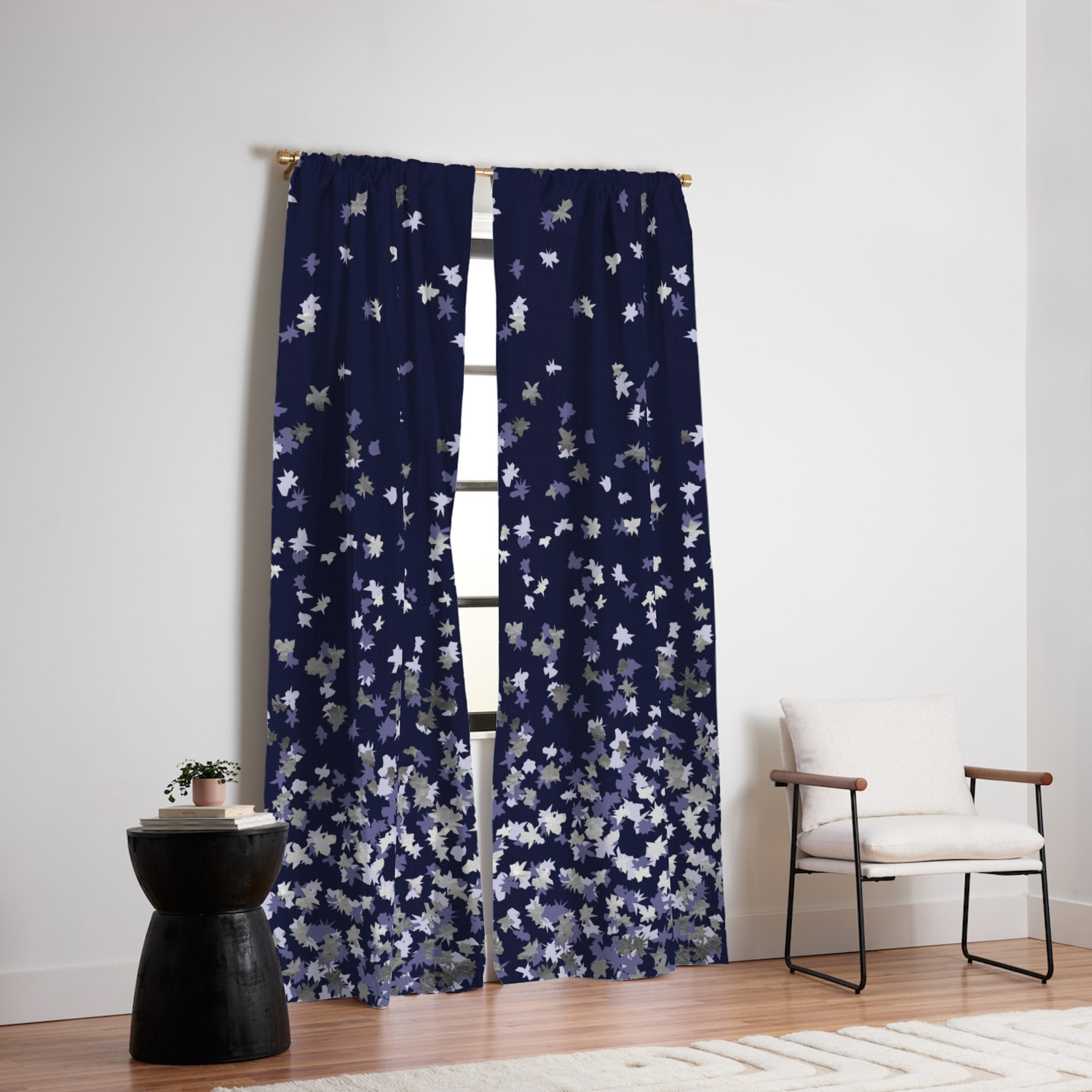 Floating Confetti Navy Blue And Silver Blackout Curtain By
