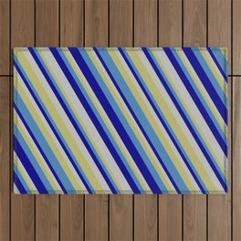 [ Thumbnail: Dark Khaki, Blue, Dark Blue & Grey Colored Lines/Stripes Pattern Outdoor Rug ]