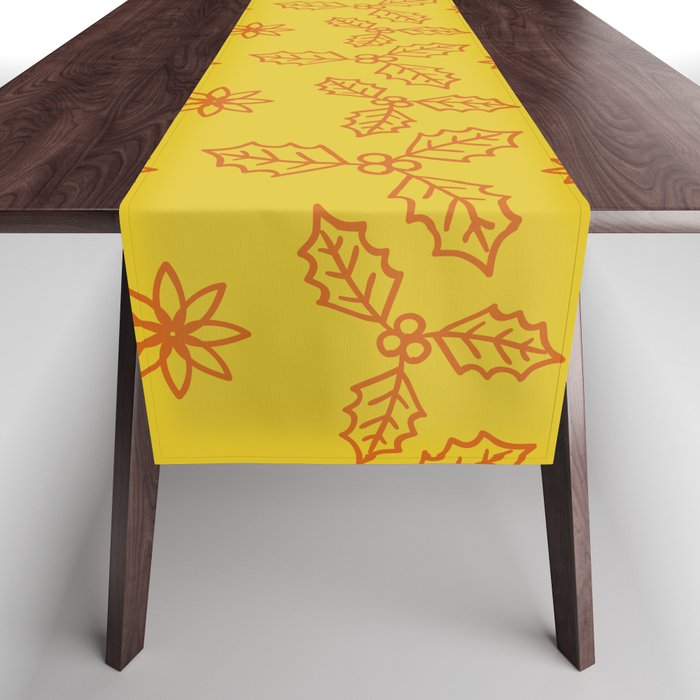 Christmas Pattern Yellow Drawing Floral Leaf Table Runner