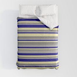 [ Thumbnail: Dark Gray, Blue, Pale Goldenrod, and Gray Colored Striped Pattern Comforter ]
