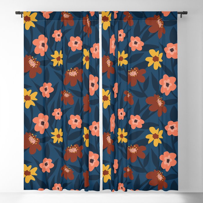 Ditsy Floral Pattern on Dark Blue Blackout Curtain