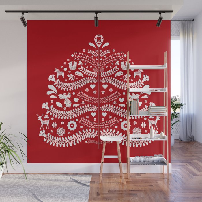 Scandinavian Folk Art Christmas Tree Wall Mural By Gsallicat