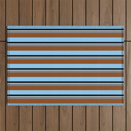 [ Thumbnail: Colorful Slate Gray, Brown, Light Sky Blue, Black & Mint Cream Colored Striped Pattern Outdoor Rug ]