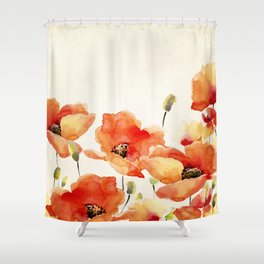 Poppy Flower Meadow- Floral Summer lllustration Shower Curtain
