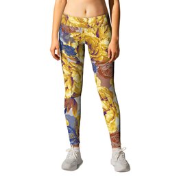 the big yellow Leggings | Yellow, Ongray, Pattern, Naturalistic, Vintage, Digital, Roses, Painting, Packed, Blue 