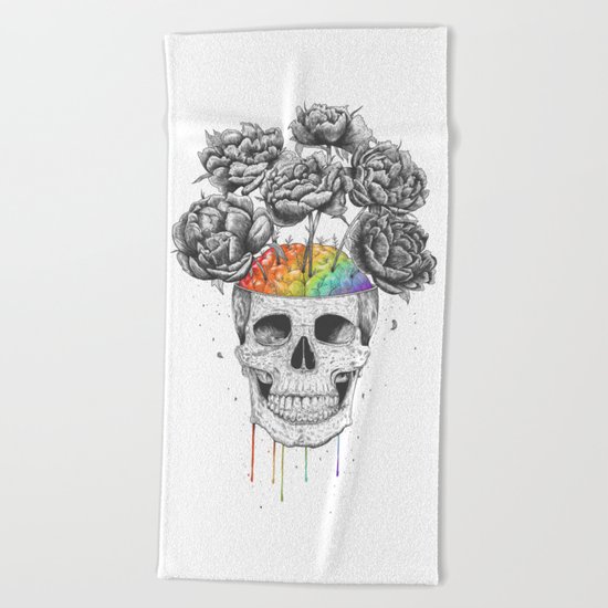Skull with rainbow brains Beach Towel