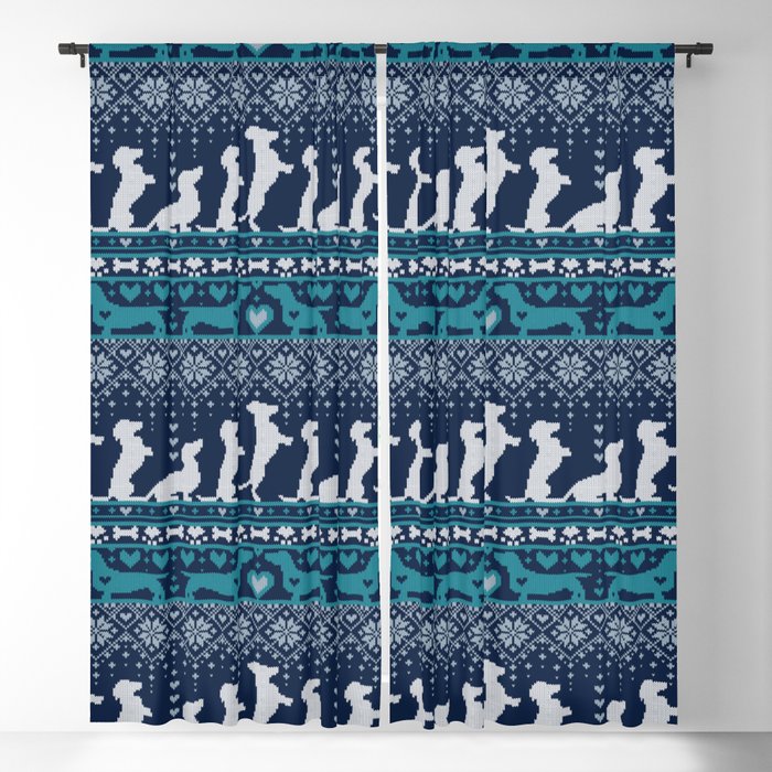 Fair Isle Knitting Doxie Love // navy blue background white and teal dachshunds dogs bones paws and hearts Blackout Curtain