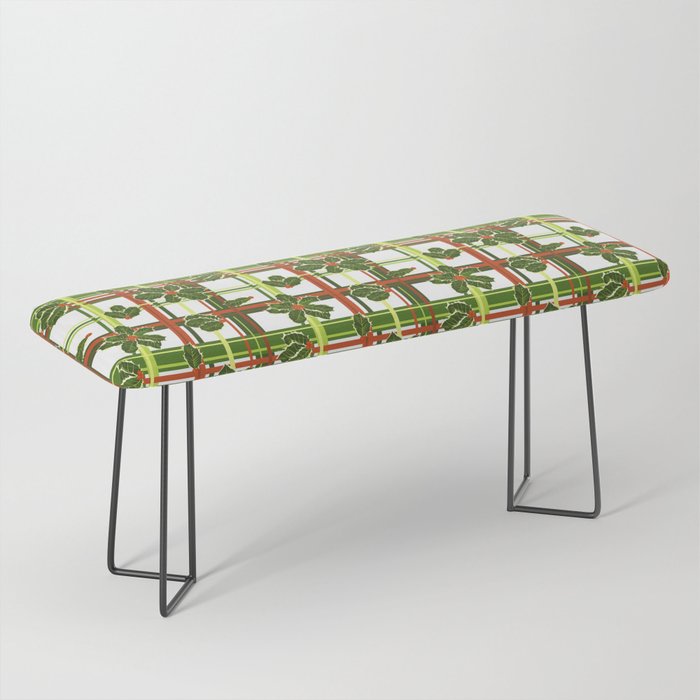 Red and Green Christmas Holly Berries Plaid on White Bench