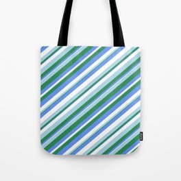 [ Thumbnail: Sea Green, Cornflower Blue, White & Light Blue Colored Striped/Lined Pattern Tote Bag ]