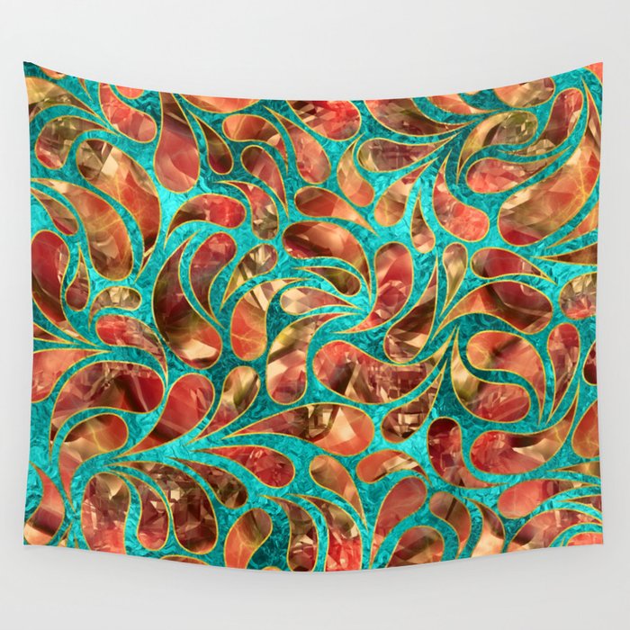 Gold Framed Red Gemstone  Paisley pattern on teal Wall Tapestry