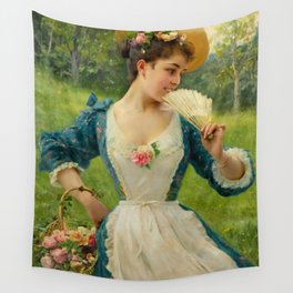 (Reserved)Young woman with a basket of roses Victorian era still life portrait painting by F. Andreotti for bedroom, wall, and home decor Wall Tapestry