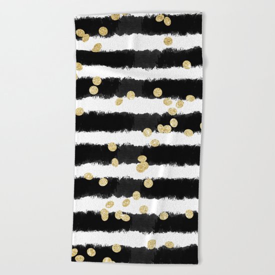 Modern black watercolor stripes chic gold confetti Beach Towel