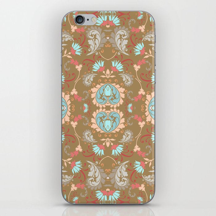 brown and powder blue floral bold paisley flower bohemian iPhone Skin