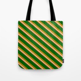 [ Thumbnail: Eyecatching Dark Green, Dark Goldenrod, Beige, Coral & Dark Olive Green Colored Lined Pattern Tote Bag ]