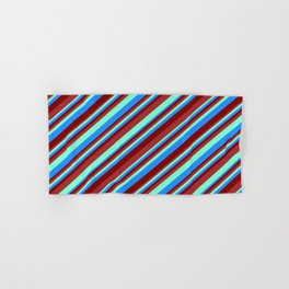 [ Thumbnail: Brown, Aquamarine, Blue, and Maroon Colored Striped/Lined Pattern Hand & Bath Towel ]
