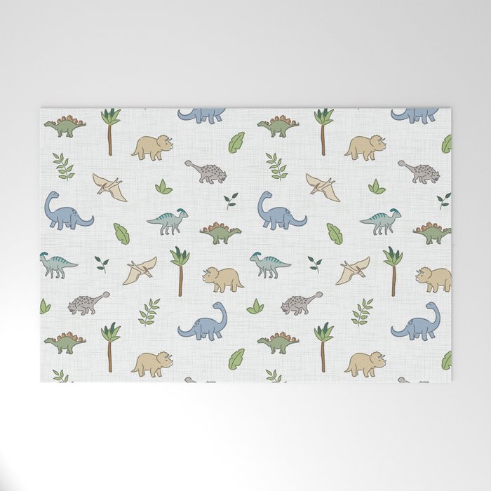  Dinosaurs - hand drawn triceratops, stegosaurus, ankylosaurus, brachiosaurus, parasaur, pterodactyl Welcome Mat