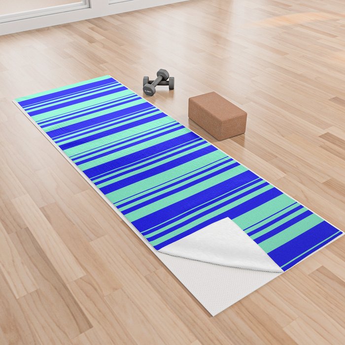Blue & Aquamarine Colored Striped Pattern Yoga Towel