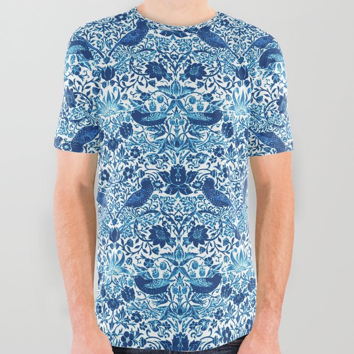 Art Nouveau Bird and Flower Tapestry, Blue and White All Over Graphic Tee