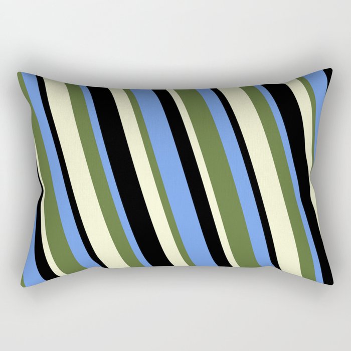 Cornflower Blue, Dark Olive Green, Light Yellow, and Black Colored Lines/Stripes Pattern Rectangular Pillow