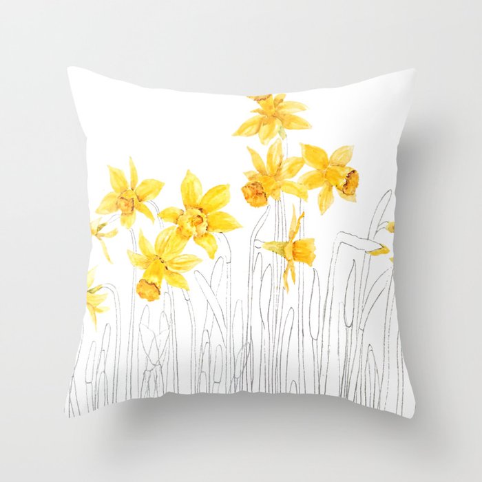 yellow daffodils field watercolor and pencil Throw Pillow