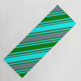 [ Thumbnail: Slate Gray, Green & Cyan Colored Stripes/Lines Pattern Yoga Mat ]